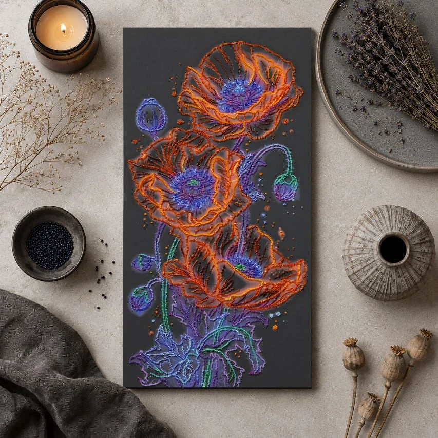 Abris Art Karoliukų siuvinėjimo rinkinys „Neoninės aguonos“ 26×53 cm, Preciosa karoliukai