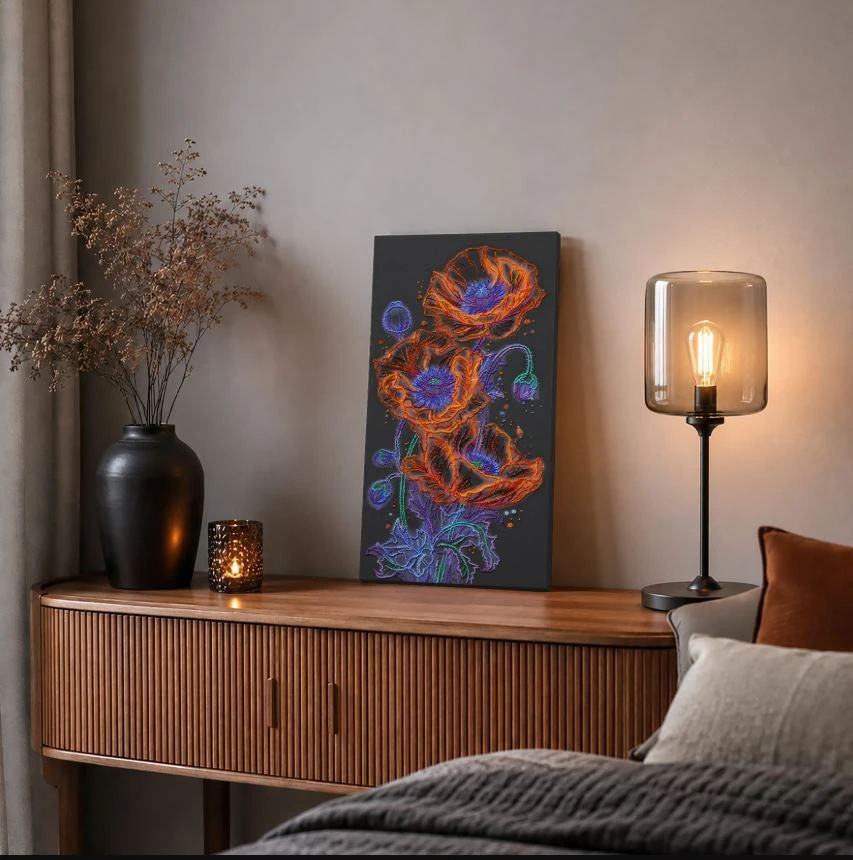 Abris Art Karoliukų siuvinėjimo rinkinys „Neoninės aguonos“ 26×53 cm, Preciosa karoliukai
