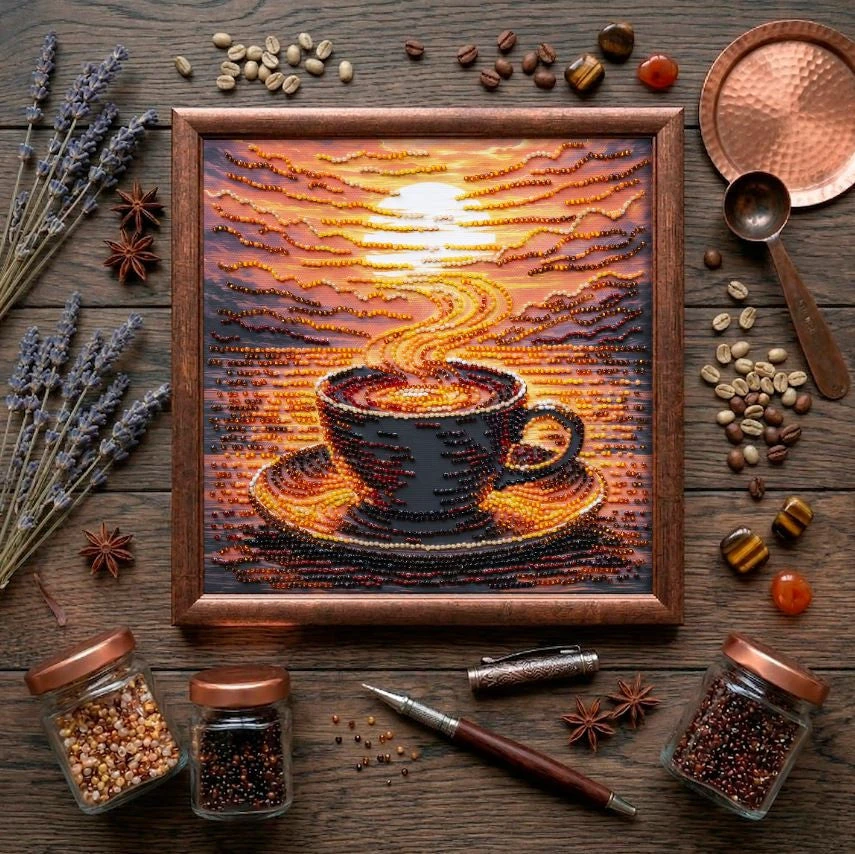 Abris Art Vidutinio dydžio karoliukų siuvinėjimo rinkinys „Kvapni kava“ 20x20 cm