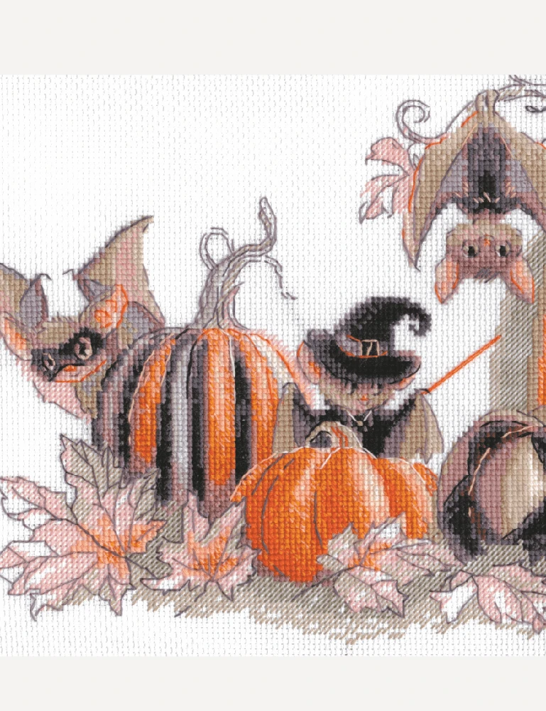 Riolis Kryželiu siuvinėjimo rinkinys. "Moliūgų šikšnosparnių vakarėlis" 30x21 cm SRA1031