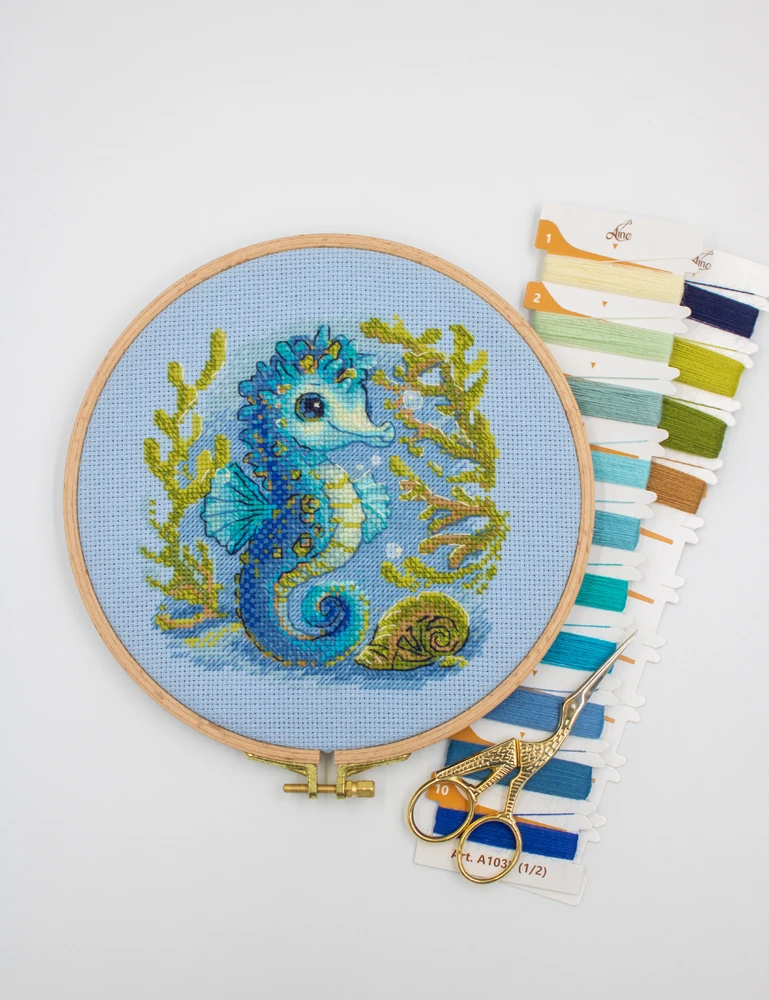 Aine Jūrų arkliuko siuvinėjimo kryželiu rinkinys su 14 ct Aida (15×15 cm)
