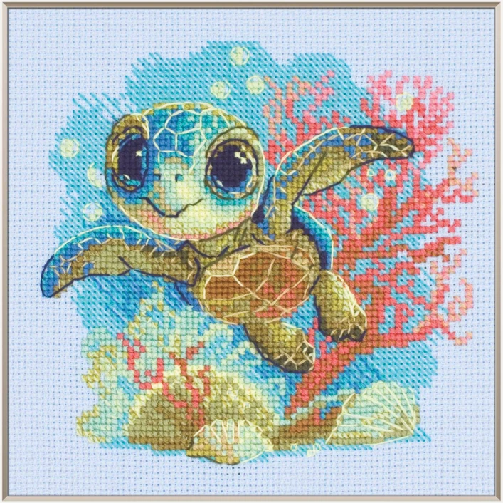 Aine Jūrų vėžliuko kryželiu siuvinėjimo rinkinys Aida 14 ct, 15×15 cm