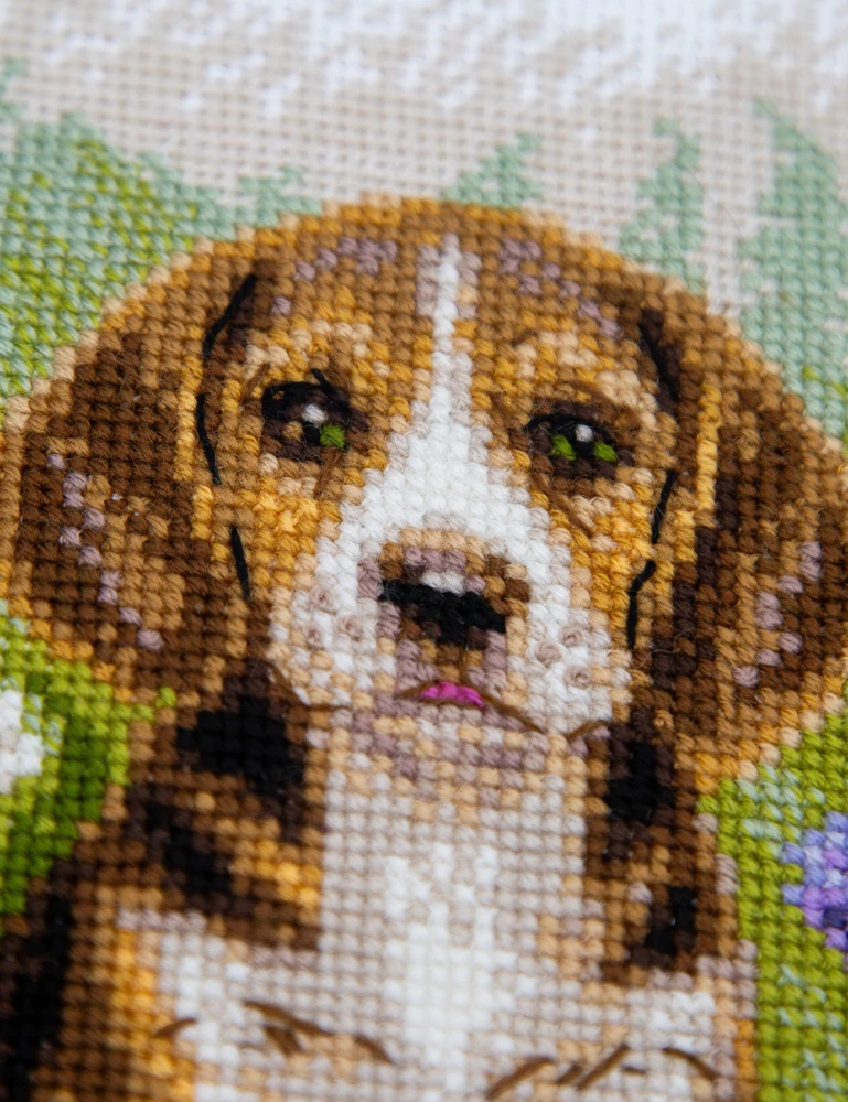 Aine Siuvinėjimo kryželiu rinkinys „Meadow Pup“ – bigliukas pievoje, 20 x 20 cm