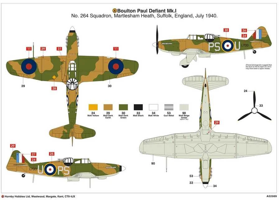 Airfix Boulton Paul Defiant Mk.I 1/72 lėktuvas, plastikinis rinkinys A02069