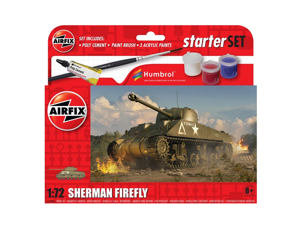Airfix Sherman Firefly 1:72 dovanų rinkinys su dažais, teptuku ir klijais