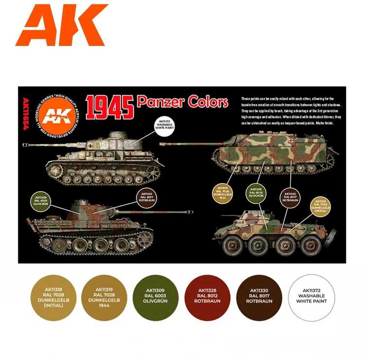 AK Interactive 1945 Panzer spalvos, 3 Gen akrilinių dažų rinkinys