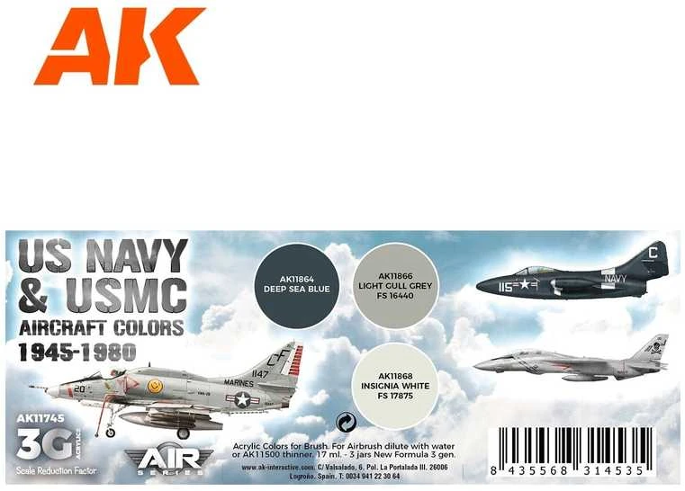 AK Interactive 3 gen. akrilinių dažų rinkinys – US Navy/USMC 1945–1980 AK11745