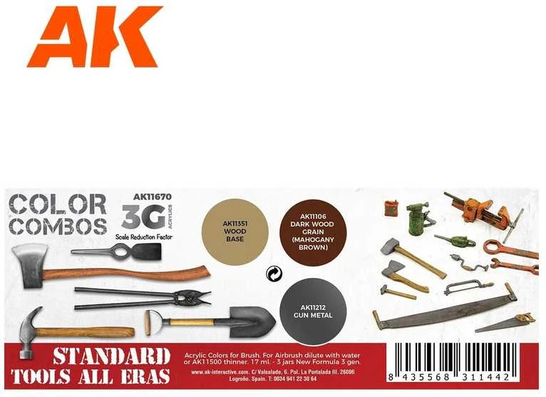 AK Interactive 3 kartos akriliniai dažai įrankiams: medis ir metalas