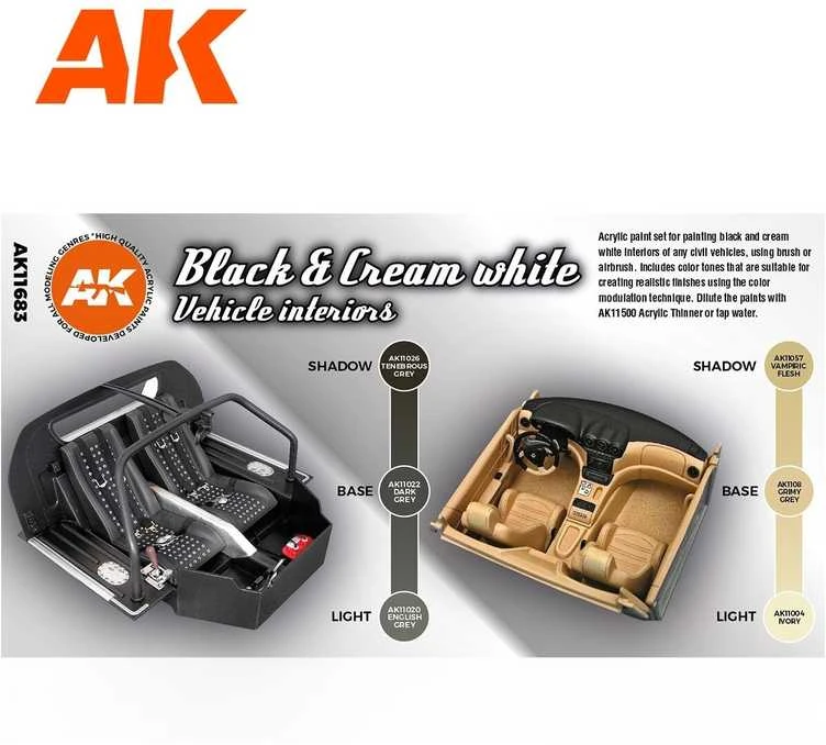 AK Interactive 3Gen akriliniai dažai automobilių salonams, juoda/kreminė
