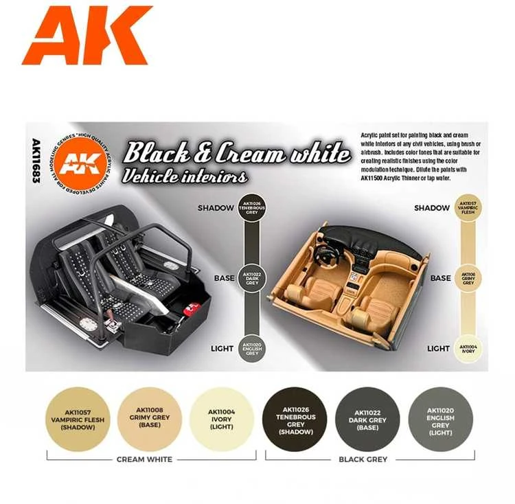 AK Interactive 3Gen akriliniai dažai automobilių salonams, juoda/kreminė