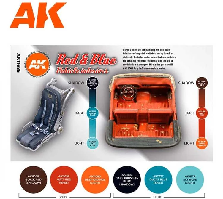 AK Interactive 3Gen raudonų ir mėlynų salonų akrilinių dažų rinkinys