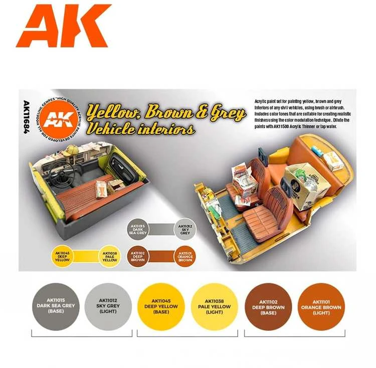 AK Interactive akrilinių dažų rinkinys automobilių salonams, geltona/ruda/pilka