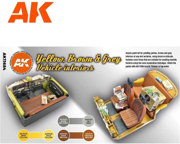 AK Interactive akrilinių dažų rinkinys automobilių salonams, geltona/ruda/pilka