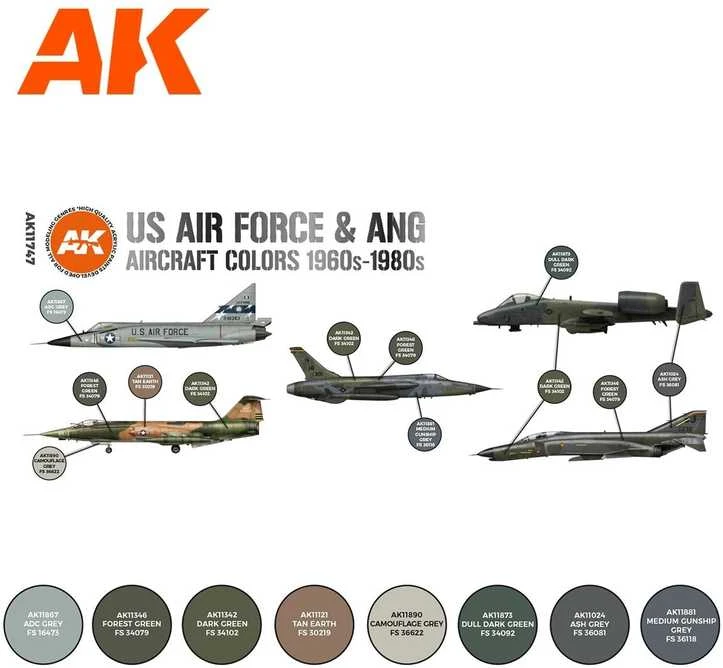 AK Interactive akrilinių dažų rinkinys USAF 1960–80, 8 spalvos (AK11747)