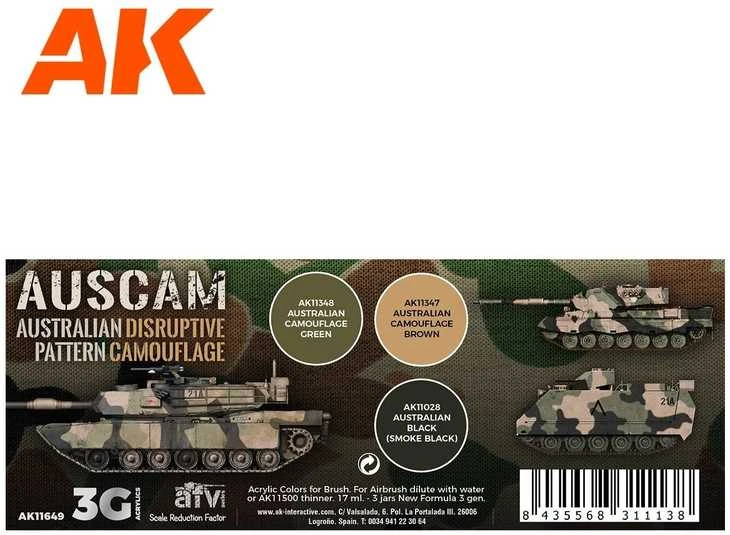 AK Interactive AUSCAM Australijos kamufliažo akrilinių dažų rinkinys