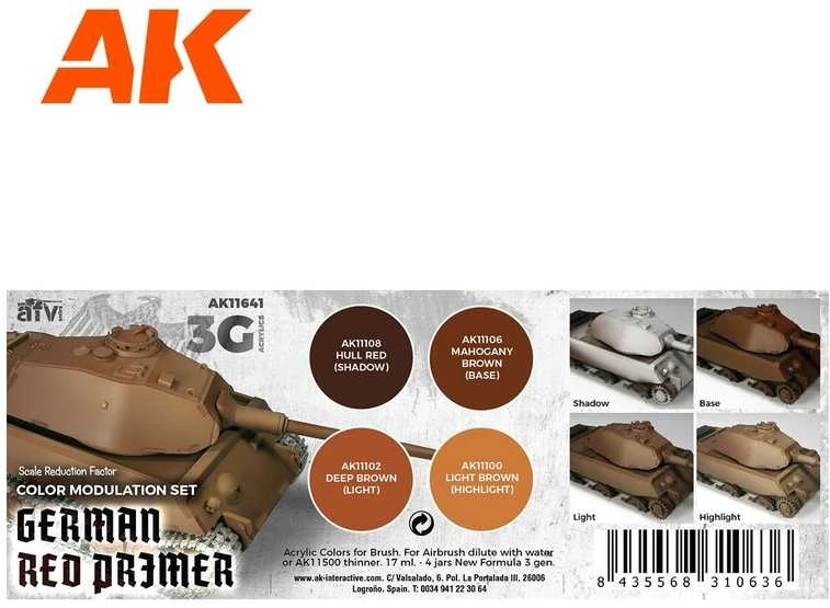 AK Interactive German Raudona Primer Modulation akrilinių dažų rinkinys 3 kartos