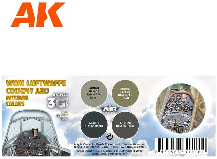 AK Interactive Luftwaffe kabinos akrilinių dažų rinkinys 3rd Gen AK11722