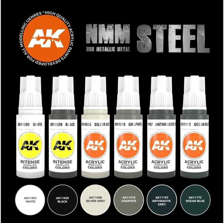 AK Interactive NMM Steel akrilinių dažų rinkinys, 6 spalvos