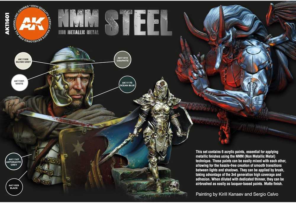 AK Interactive NMM Steel akrilinių dažų rinkinys, 6 spalvos