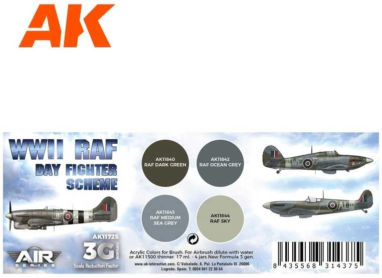 AK Interactive RAF Day Fighter Scheme akrilinių dažų rinkinys 3 kartos