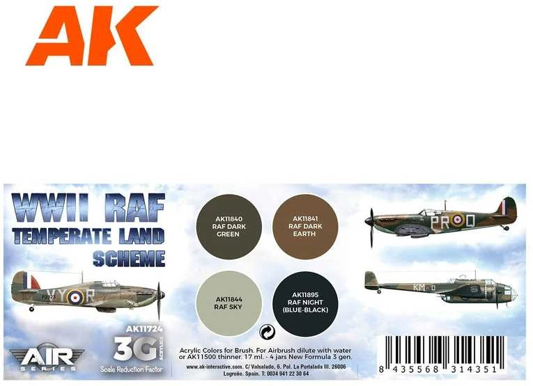 AK Interactive RAF Temperate Land Scheme 3 kartos akrilinių dažų rinkinys