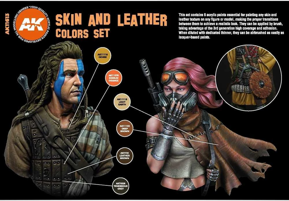 AK Interactive Skin & Leather akrilinių dažų rinkinys, 6 spalvos