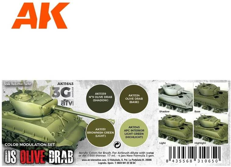 AK Interactive US Olive Drab moduliacijos akrilinių dažų rinkinys