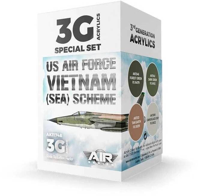 AK Interactive USAF SEA kamufliažo akrilinių dažų rinkinys, 3 gen.