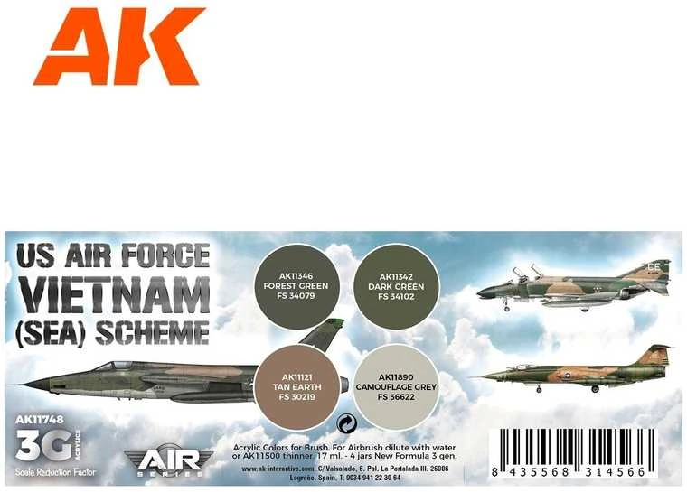 AK Interactive USAF SEA kamufliažo akrilinių dažų rinkinys, 3 gen.