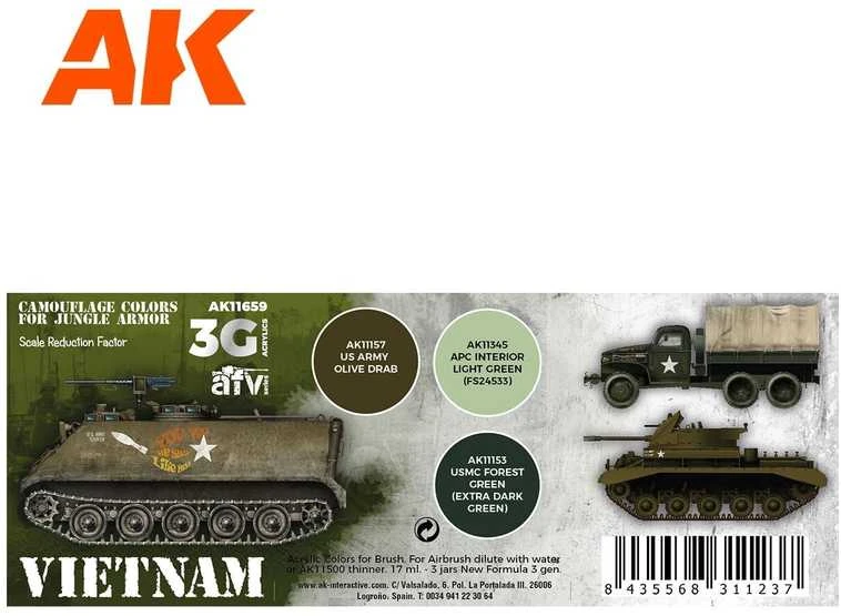 AK Interactive Vietnam kamufliažo akriliniai dažai šarvuotei, rinkinys