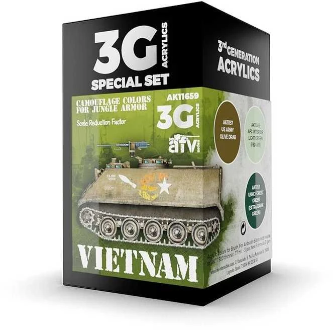 AK Interactive Vietnam kamufliažo akriliniai dažai šarvuotei, rinkinys