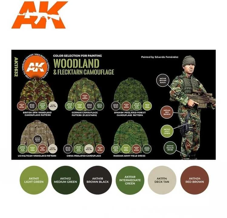 AK Interactive Woodland & Flecktarn 3Gen akrilinių dažų rinkinys