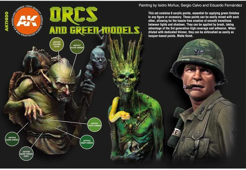 AK Interactive žali akriliniai dažai orkoms ir figūrėlėms, 6 vnt.