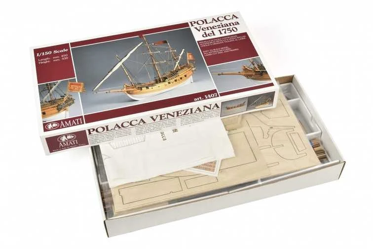 Amati Venecijos Polacca medinis burlaivio modelis 1:150, rinkinys 45 cm