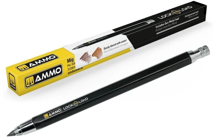 AMMO by MIG Jimenez LOCK N LOAD mechaninis pieštukas modelių sendinimo efektams + Gun Metal šerdelė