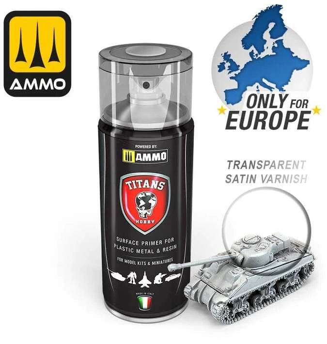 AMMO by MIG Jimenez Titans Hobby skaidrus pusiau blizgus akrilinis purškiamas lakas 400 ml (121)