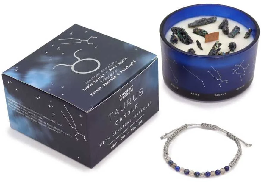 Ancient Wisdom Zodiako kristalų žvakė Jaučiui su apyranke – lapis lazuli, samanų agatas