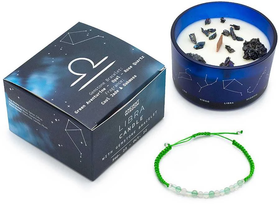 Ancient Wisdom Zodiako kristalų žvakė su apyranke Svarstyklėms, ąžuolo samanų aromatas