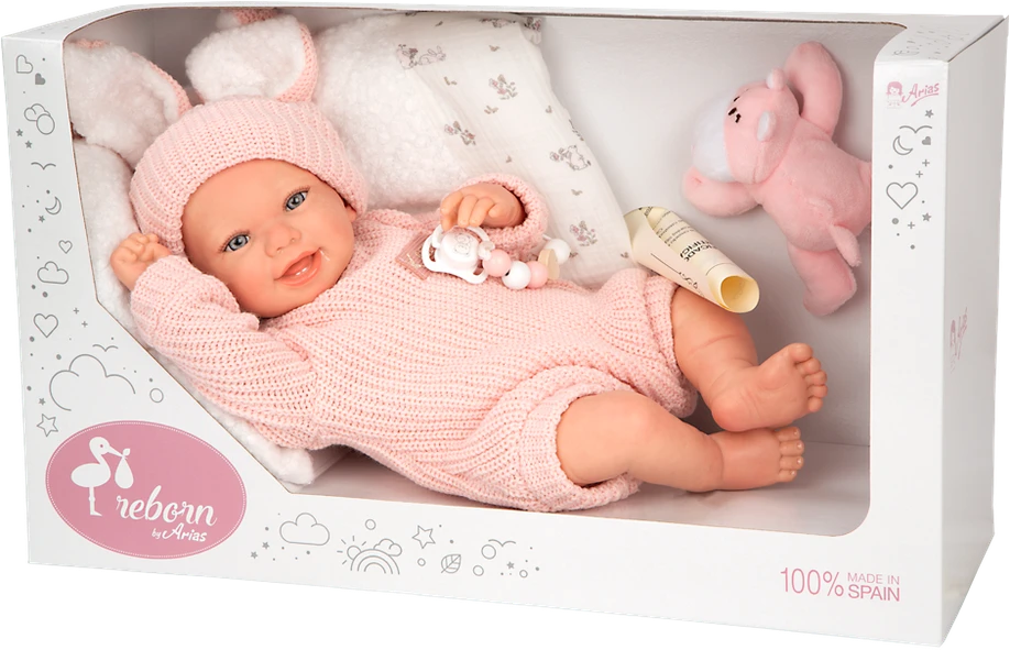 Arias Reborn lėlė Lucia 45 cm – rankų darbo, rožiniai megzti rūbai