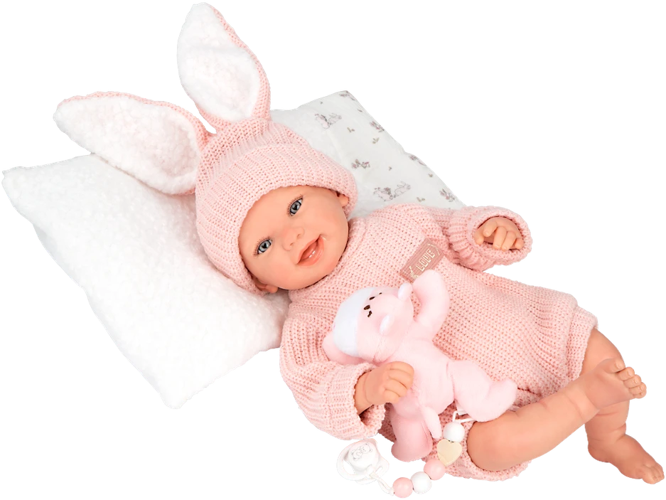 Arias Reborn lėlė Lucia 45 cm – rankų darbo, rožiniai megzti rūbai