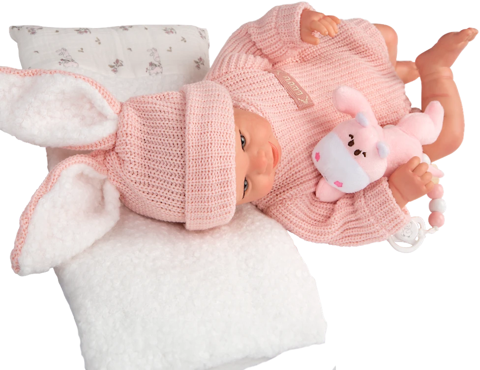 Arias Reborn lėlė Lucia 45 cm – rankų darbo, rožiniai megzti rūbai