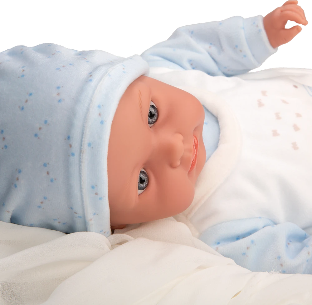 Arias verkiančios lėlės kūdikėlis, 42 cm, su garsu, žydri rūbeliai