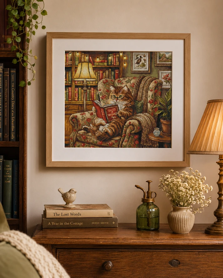 Ava Stitch Kryželiu siuvinėjimo rinkinys „Skaitymo kampelis“ 31,6×28,4 cm, Aida 16, 61 spalva