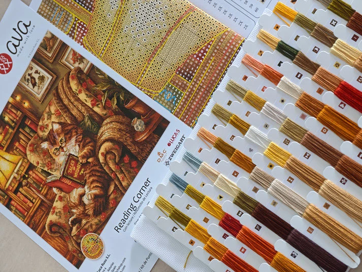 Ava Stitch Kryželiu siuvinėjimo rinkinys „Skaitymo kampelis“ 31,6×28,4 cm, Aida 16, 61 spalva