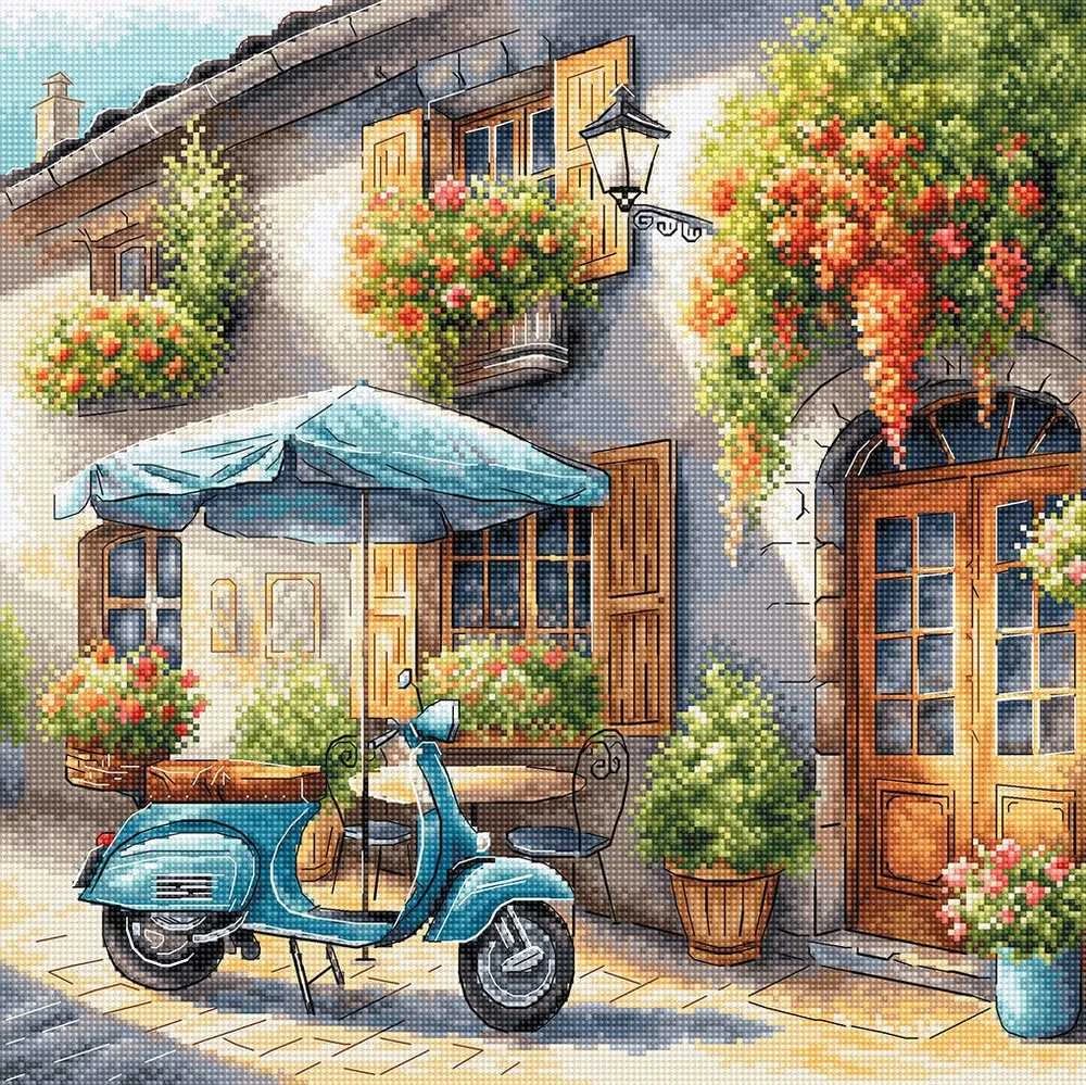 Ava Stitch Mėlyna Vespa – kryželiu siuvinėjimo rinkinys, 28,6×28,6 cm