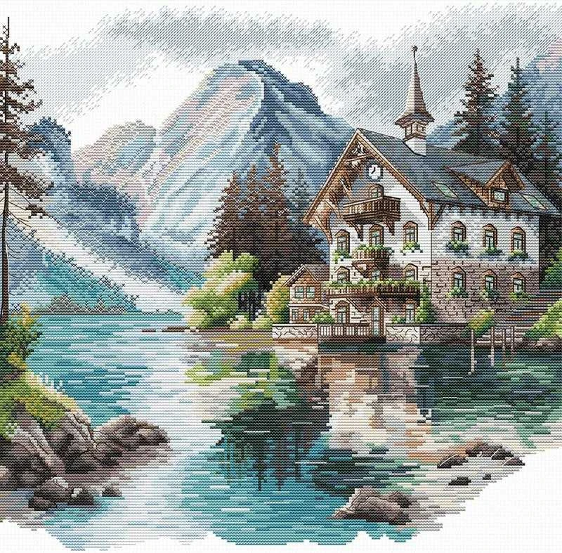 Ava Stitch Rinkinys kryželiui „Kalnų ežero sodyba“ 32x31 cm AVA-P048