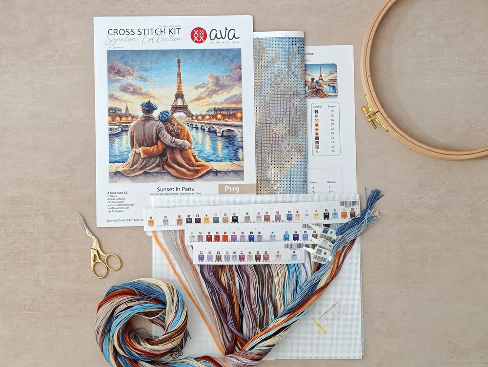 Ava Stitch Siuvinėjimo kryželiu rinkinys „Saulėlydis Paryžiuje“ 28,57×28,57 cm