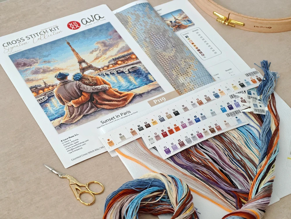 Ava Stitch Siuvinėjimo kryželiu rinkinys „Saulėlydis Paryžiuje“ 28,57×28,57 cm
