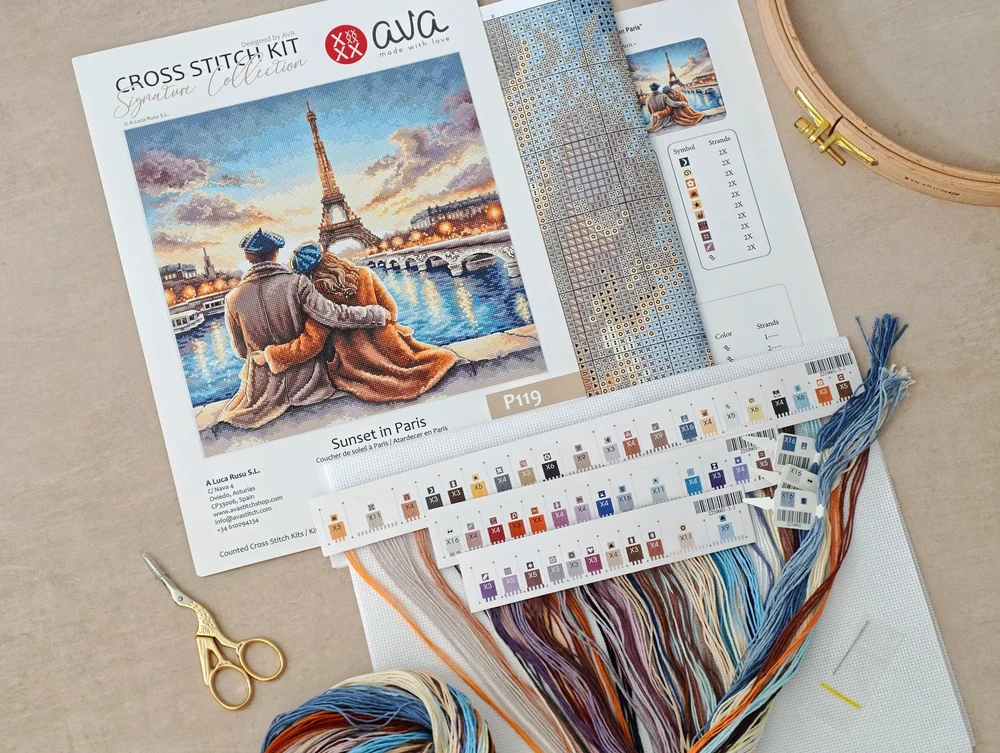 Ava Stitch Siuvinėjimo kryželiu rinkinys „Saulėlydis Paryžiuje“ 28,57×28,57 cm