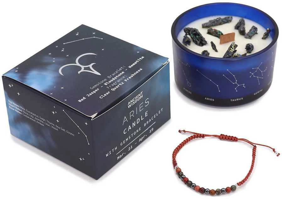 Avinas Zodiako kristalų žvakė su brangakmenių apyranke – Ancient Wisdom